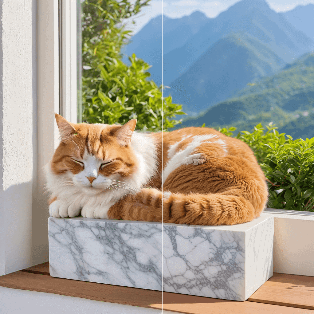 Example 3: wide view, mad-hecke cat, sleeping on marble planter wooden pot, 8k, colorful scenic mountains clear sky through window panes background