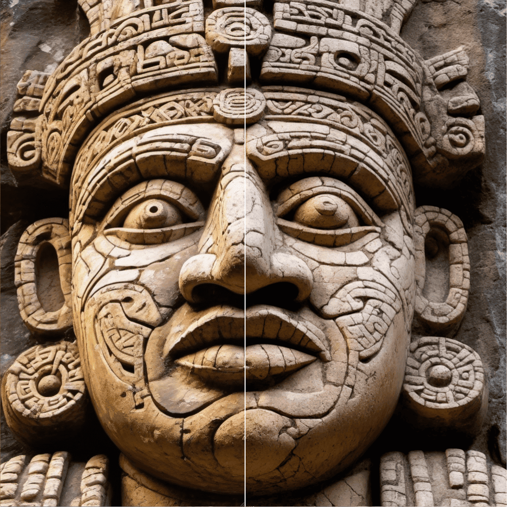 Example 4: detailed close-up, weathered Mayan statue, close-up on intricate facial features, glowing crystal veins, neon streaks against aged stone, cracked texture, mystical energy