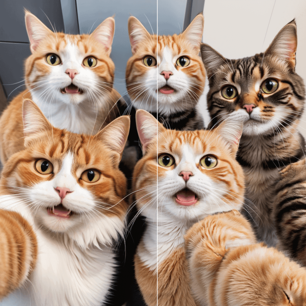 Example 5: a group of cats taking a selfie, very realistic