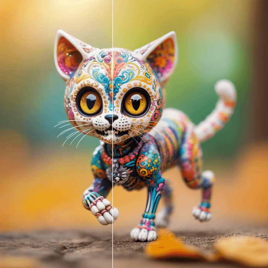 Example 6: a cute colorful chibi skeleton cat running toward the viewer, bokeh blur background, insanely intricate details, (masterpiece), breathtaking natures art work