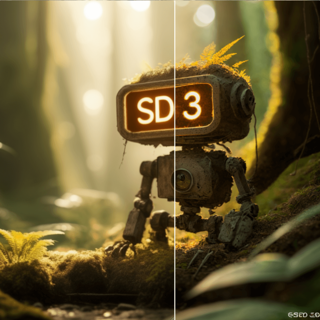 Example 7: Sunlight filters through a dense rainforest canopy illuminating a tiny robot. A giant sign reads "SD3" 