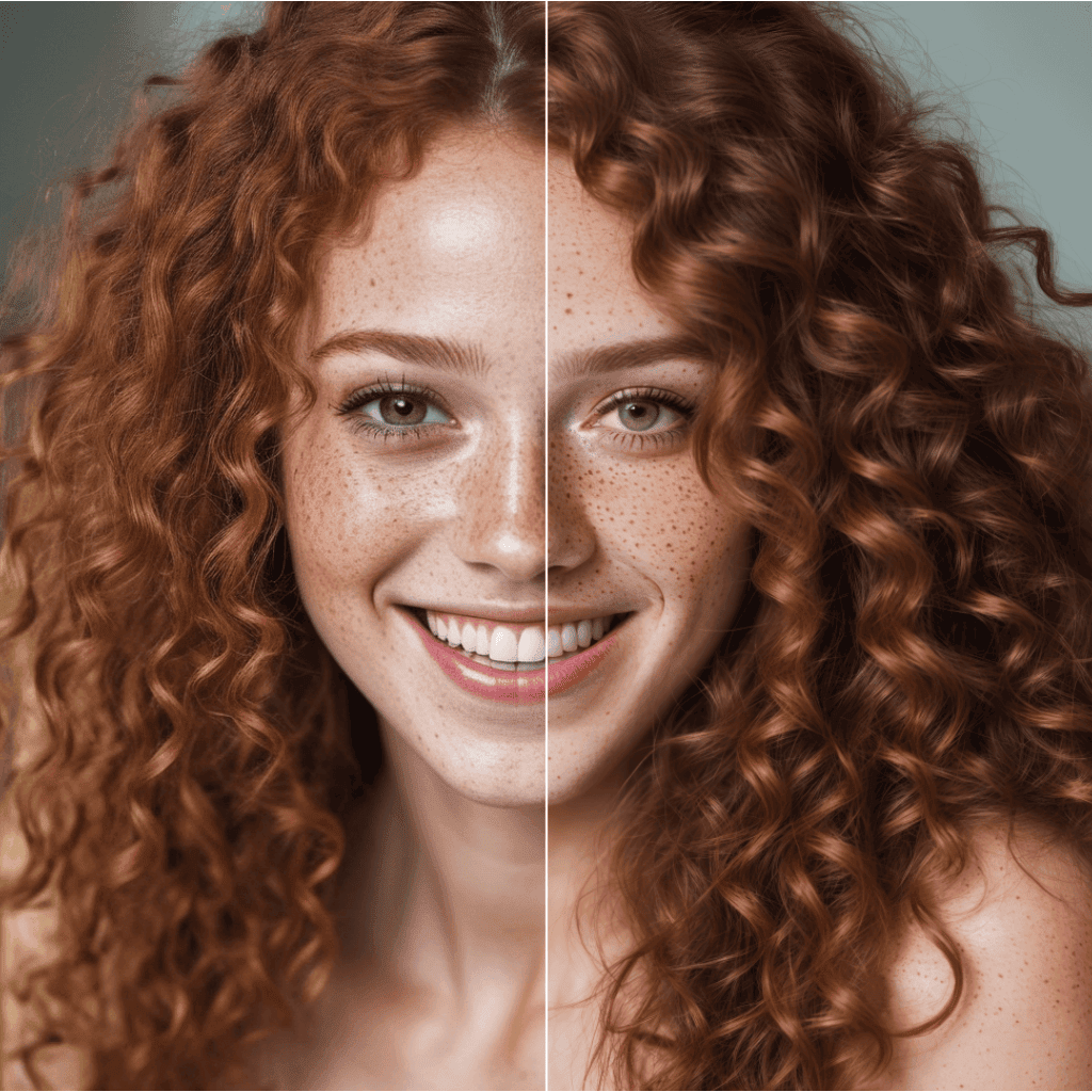 Example 2: beautiful lady, (freckles), big smile, ruby eyes, short hair, dark makeup, hyperdetailed photography, soft light, head and shoulders portrait, cover
