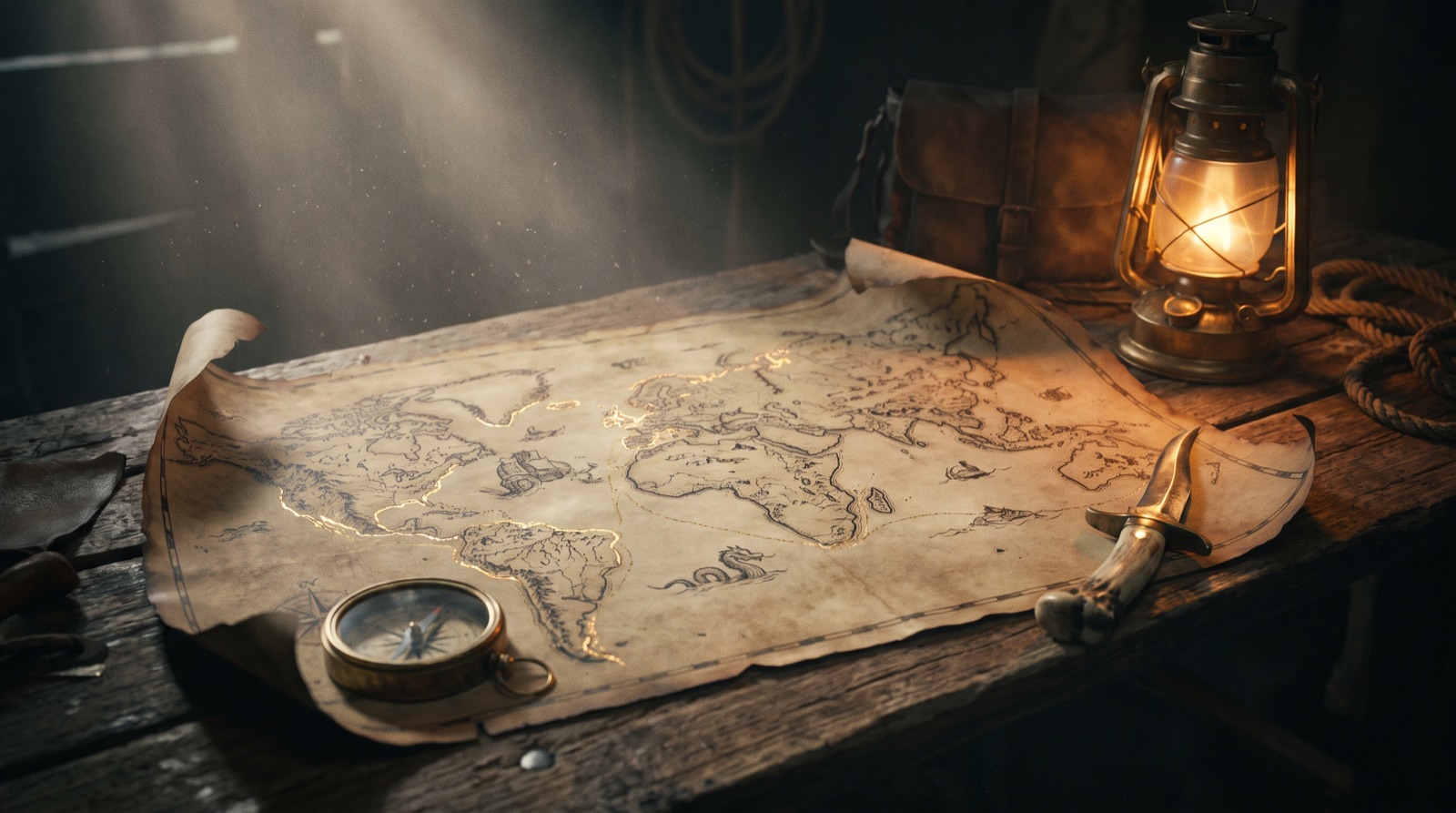 An ancient hand-drawn map unrolled in lantern light.
