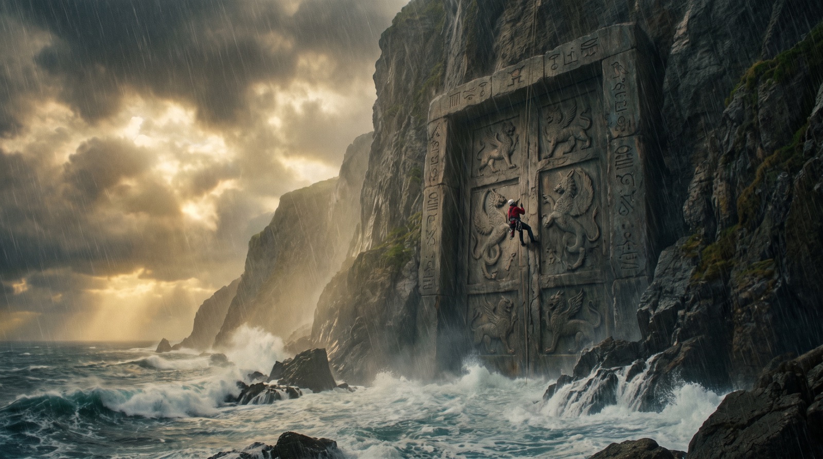 A colossal door carved into a sea cliff, a tiny climber beside it for scale.