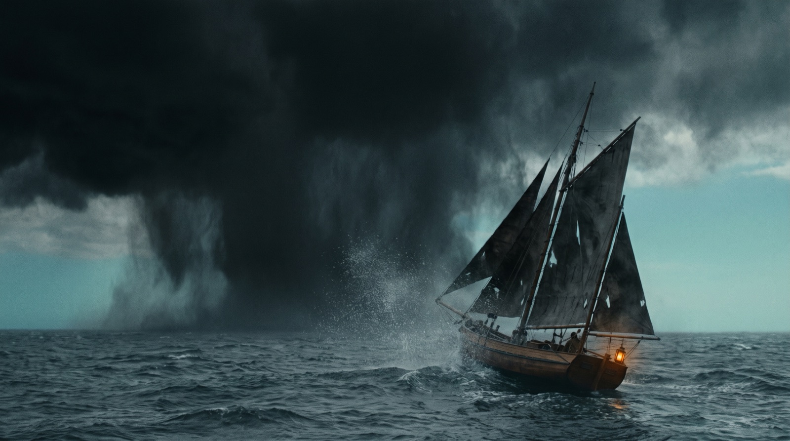 An expedition sailboat racing ahead of a black storm front.