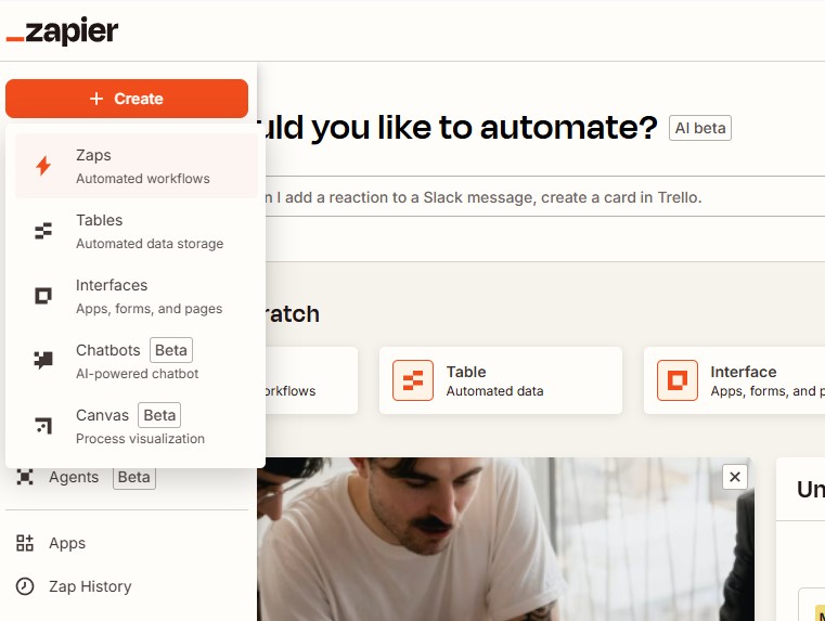 Creating a new Zap in Zapier